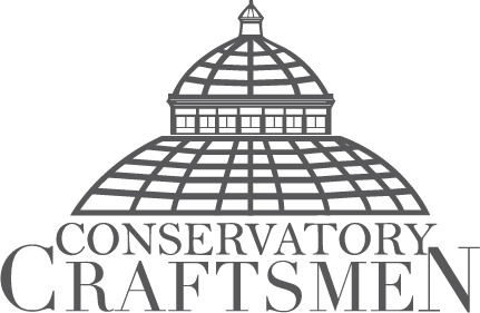 Logo featuring a stylized glass conservatory dome above the words Conservatory Craftsmen in bold, uppercase letters. The design is monochrome with architectural line details.