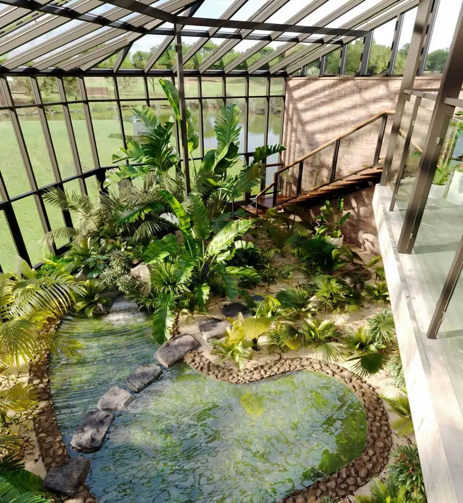 A greenhouse, inspired by residential structures, features large glass walls and a roof enclosing lush tropical plants and a heart-shaped pond with stepping stones, all surrounded by greenery and streaming sunlight.